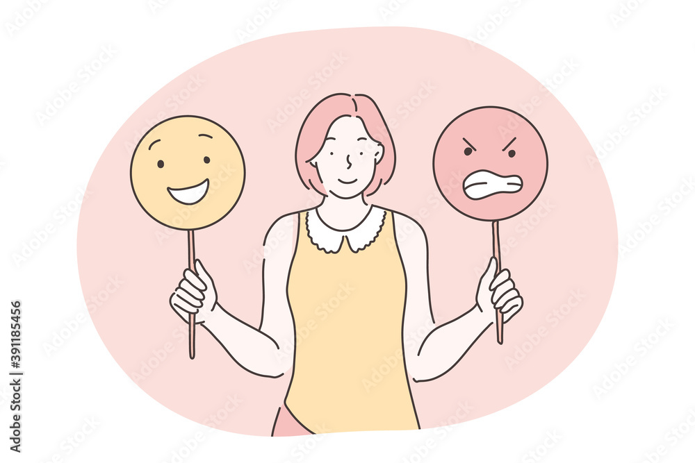 Emotions, emoji, different facial expressions concept. Young smiling woman cartoon character standing and holding signs with positive and aggressive emotions in hands vector illustration Emotions, emoji, different facial expressions concept. Young smiling woman cartoon character standing and holding signs with positive and aggressive emotions in hands vector illustration