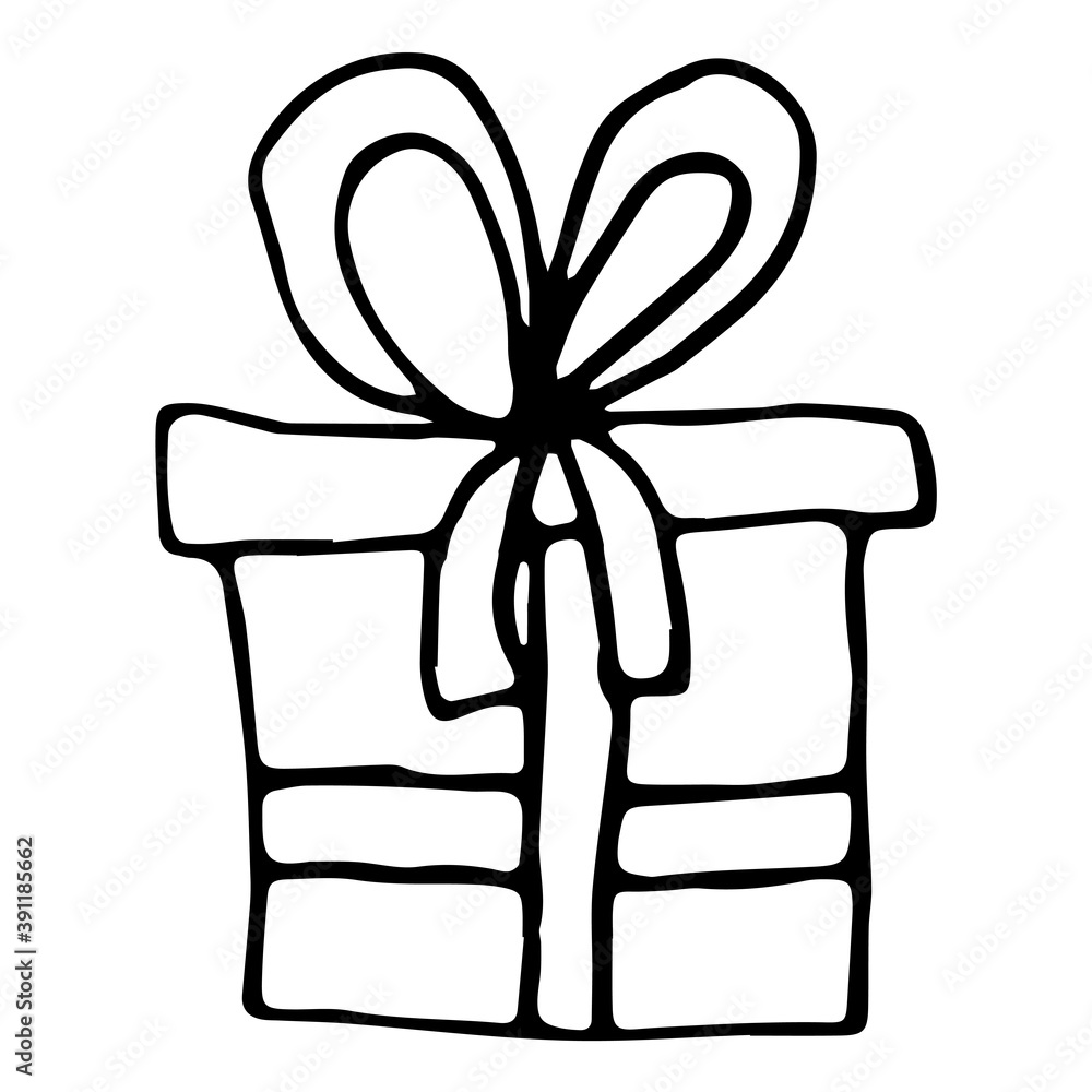 Hand drawn icon of gift with ribbons and bow isolated on white background. Colorful wrapped gift. Vector illustration.