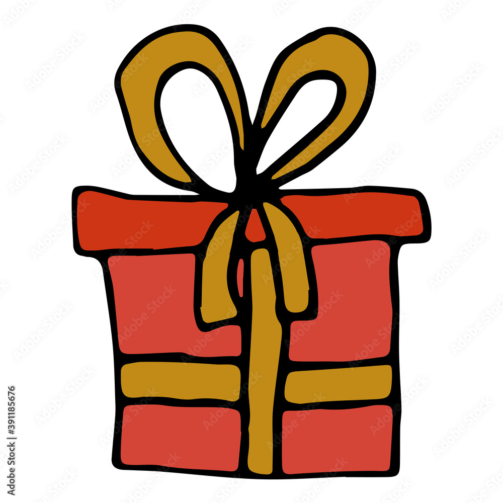 Hand drawn icon of gift with ribbons and bow isolated on white background. Colorful wrapped gift. Vector illustration. Hand drawn icon of gift with ribbons and bow isolated on white background. Colorful wrapped gift. Vector illustration.