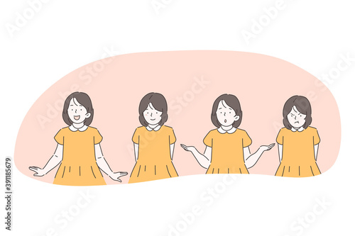 Variety of emotions and children facial expressions concept. Little girl in dress cartoon character standing having various emotions happiness, satisfaction, frustration, surprise, anxiety, aggression