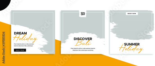 Set of editable square banner templates for Instagram post, Facebook post, for corporate, company, tour tourism, advertisement, and business. With simple white and orange color. (1/3) photo