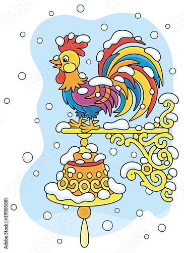 Weathercock, a weathervane in the form of a toy colorful cockerel with a ringing hand bell on a wall of a house, under snow on a cold and snowy winter day, vector cartoon illustration