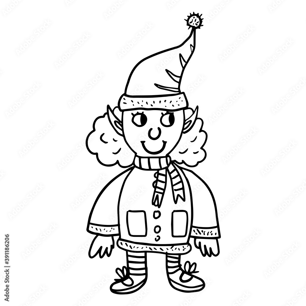 Cute doodle Christmas and Happy New Year female elf in Santa hat isolated on white background. Little woman. Vector illustration. Cute doodle Christmas and Happy New Year female elf in Santa hat isolated on white background. Little woman. Vector illustration.