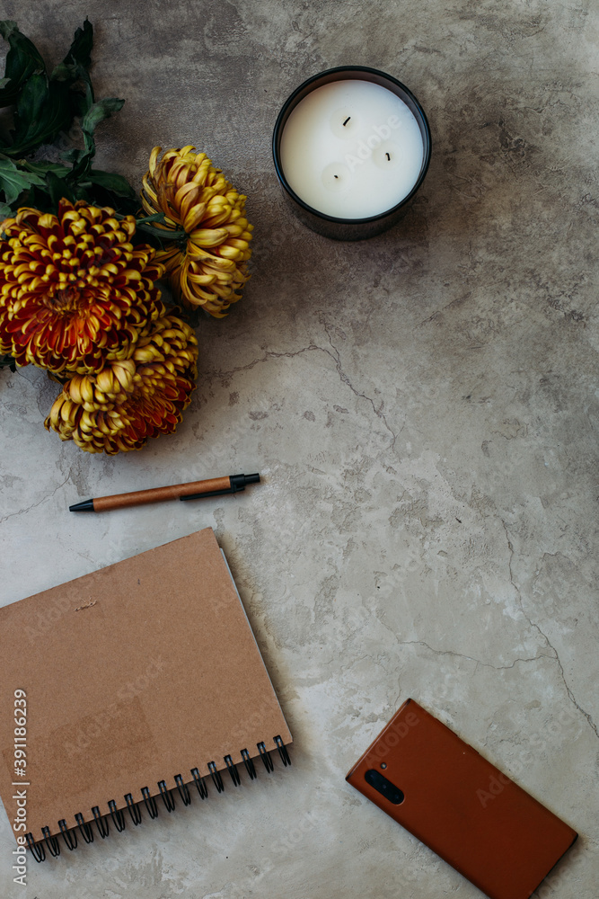 Flat lay of objects from a creative feminine desk with copy space Flat lay of objects from a creative feminine desk with copy space