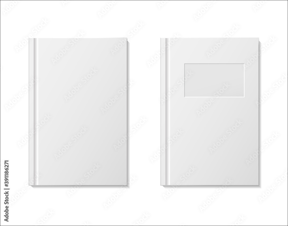 Book on shelf mockup. White blank notebook on bookshelf for store. Vector template books paperback for bookstore, school, home library.