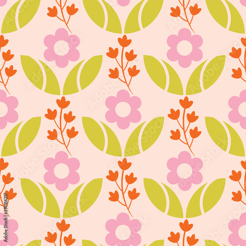 Vector floral half drop folk art seamless pattern background.