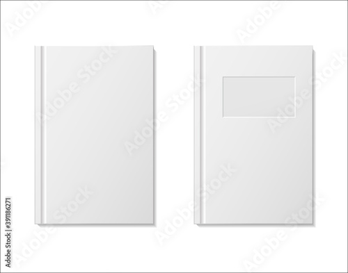 Book on shelf mockup. White blank notebook on bookshelf for store. Vector template books paperback for bookstore, school, home library.