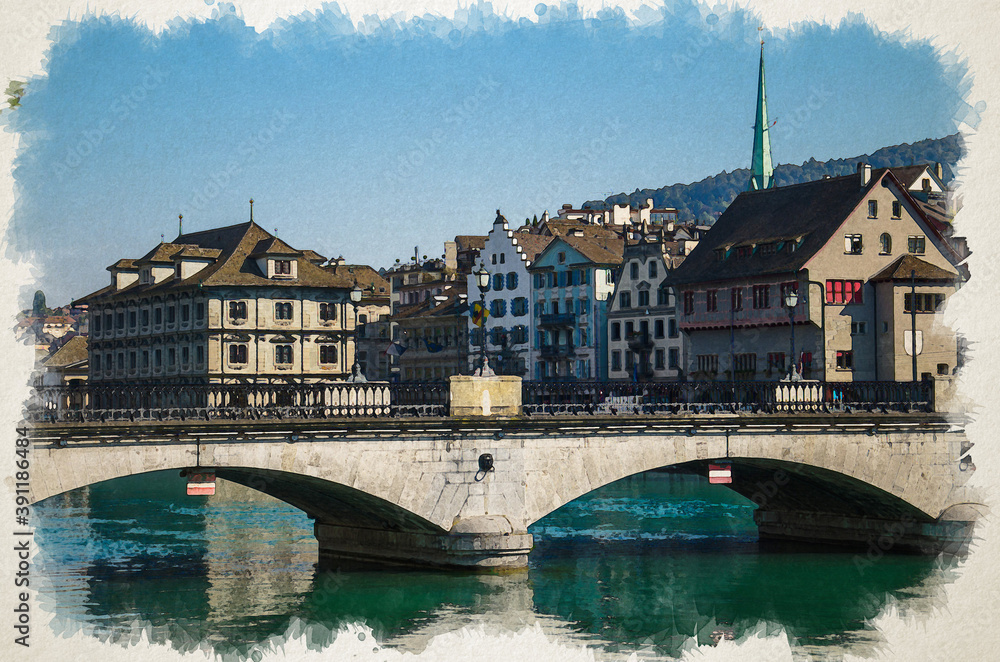 Fototapeta premium Watercolor drawing of Munsterbrucke Bridge over the river Limmat in the historic city center of Zurich, Canton of Zurich, Switzerland