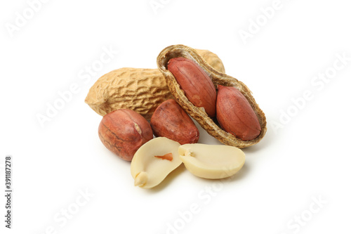 Shelled and unshelled peanut isolated on white background