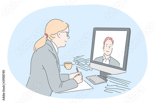 Online meeting, business communication, distant work, teleconference concept. Young business lady cartoon character sitting and communicating with colleague online during video call online conference