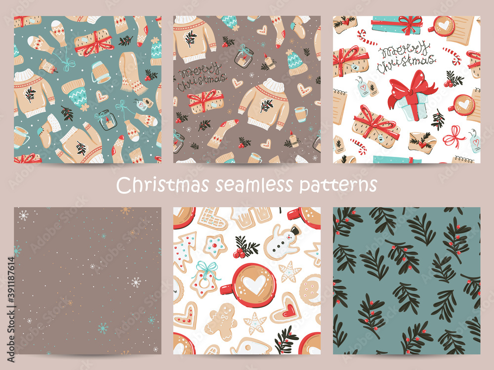 Set of Christmas seamless pattern with cozy items