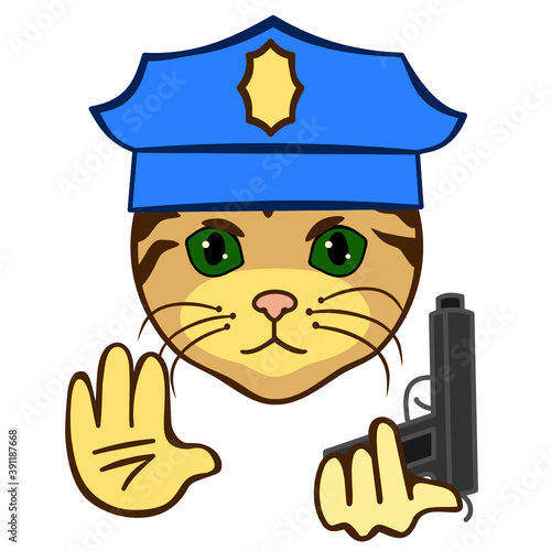 emoji with police officer or policeman wearing a uniform peaked cap holds a pistol or gun while preparing to shoot and shows a stop gesture with palm, simple hand drawn cat emoticon