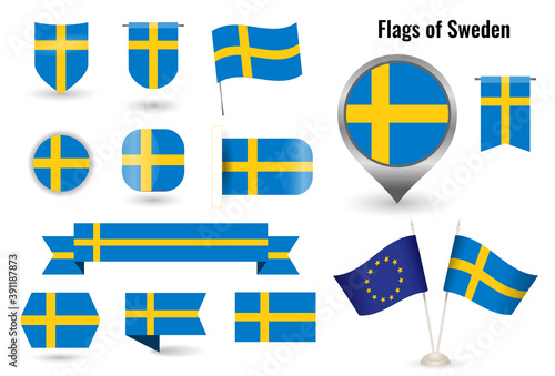 The Flag of Sweden. Big set of icons and symbols. Square and round Swedish flag. Collection of different flags of horizontal and vertical.
