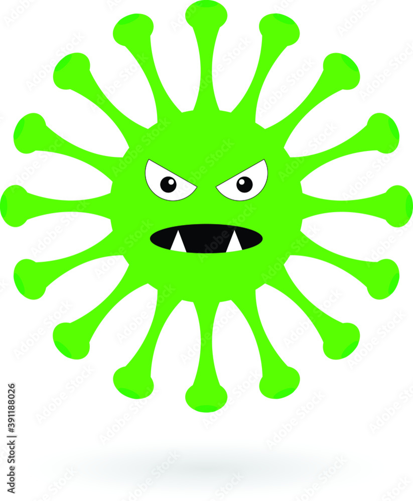 Green covid monster. Cartoon corona virus isolated on the white background. Green covid monster. Cartoon corona virus isolated on the white background.
