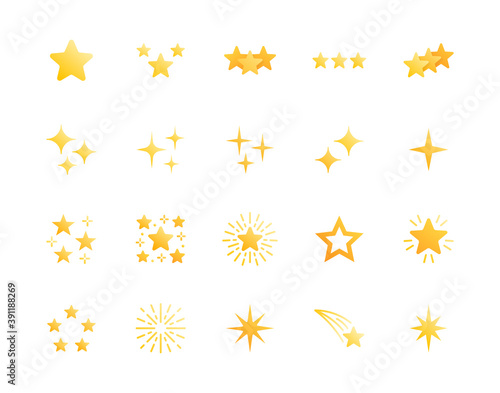 Stars flat glyph icons set. Starry night, falling star, firework, twinkle, glow, glitter burst vector illustrations. Gold yellow gradient signs for glossy material property. Silhouette pictogram