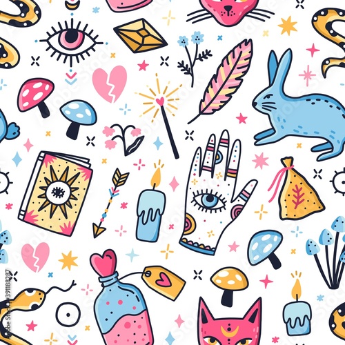 Mystical backdrop with magical symbols and animals. Repeatable background wit...