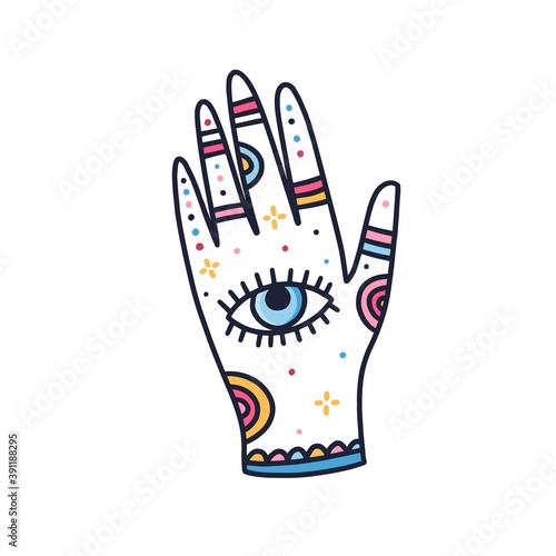 Obraz na plátne Female magician hand with all seeing eye and ornament isolated on white background