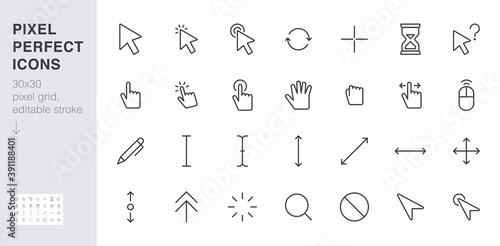 Cursor line icon set. mouse click, hand tap, arrow pointer, type here, scroll, hourglass, finger minimal vector illustration. Simple outline sign for selection. 30x30 Pixel Perfect Editable Stroke