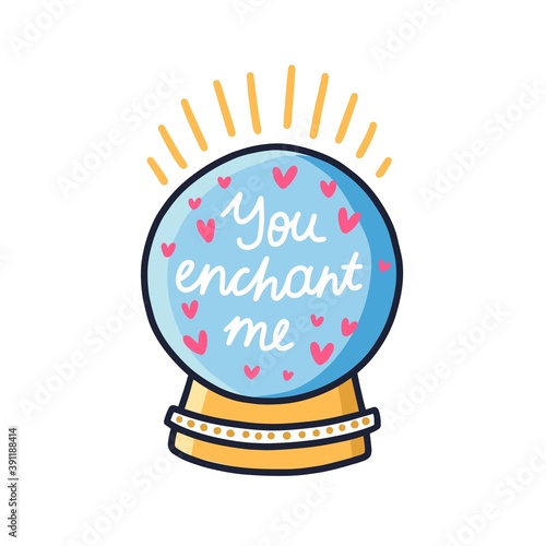 Line art vector illustration of magic ball with You enchant me inscription. Spiritual sphere for fortune telling isolated on white background. Esoteric foreseeing, occult witchcraft object