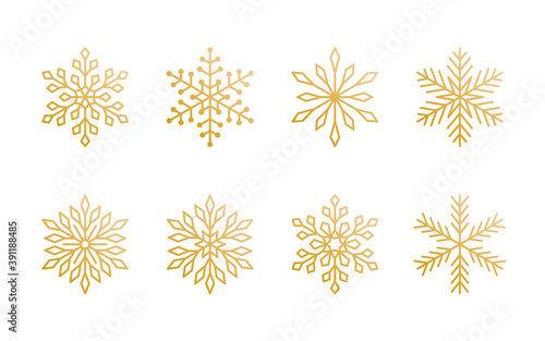 Christmas snowflakes collection isolated on white background. Cute gold gradient snow icons with intricate silhouette. Nice line doodle decorative element for New year banner, cards or ornament