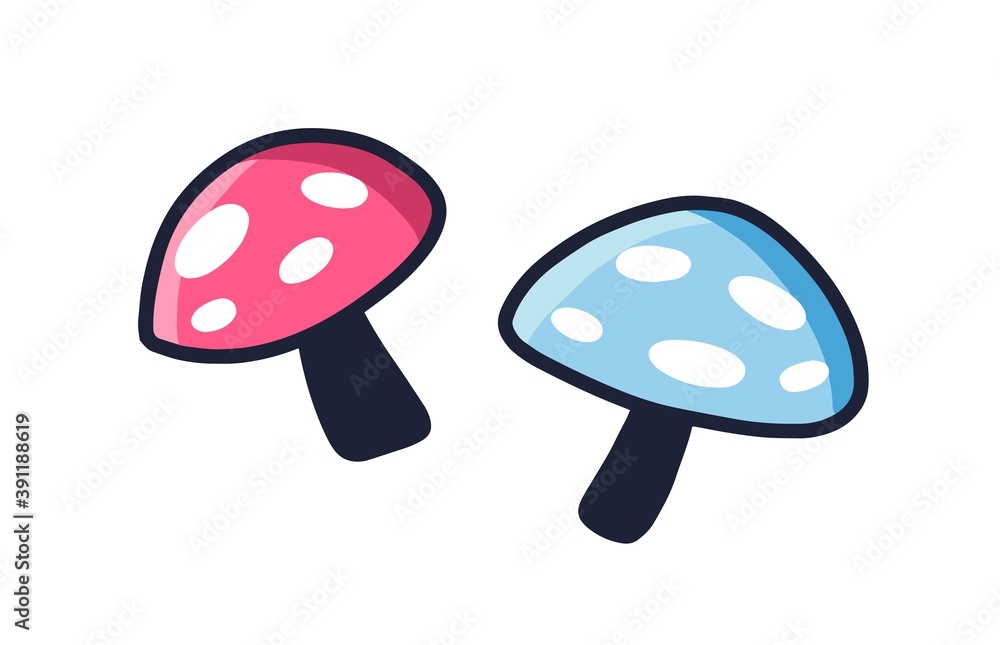 Pink and blue mushrooms isolated on white background. Fantasy poisonous plants, outline fly agaric. Line art vector illustration with magical simple amanita Pink and blue mushrooms isolated on white background. Fantasy poisonous plants, outline fly agaric. Line art vector illustration with magical simple amanita