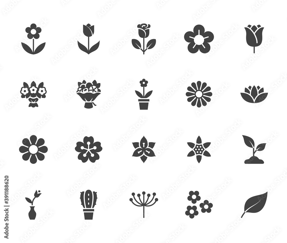 Flower silhouette icon set. Rose, tulip in vase, fruit bouquet, spring