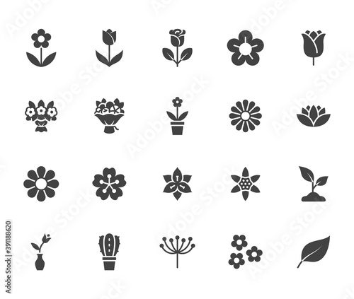 Flower silhouette icon set. Rose, tulip in vase, fruit bouquet, spring blossom, cactus, chamomile, sakura minimal vector illustration Simple black solid glyph signs for flowers delivery application