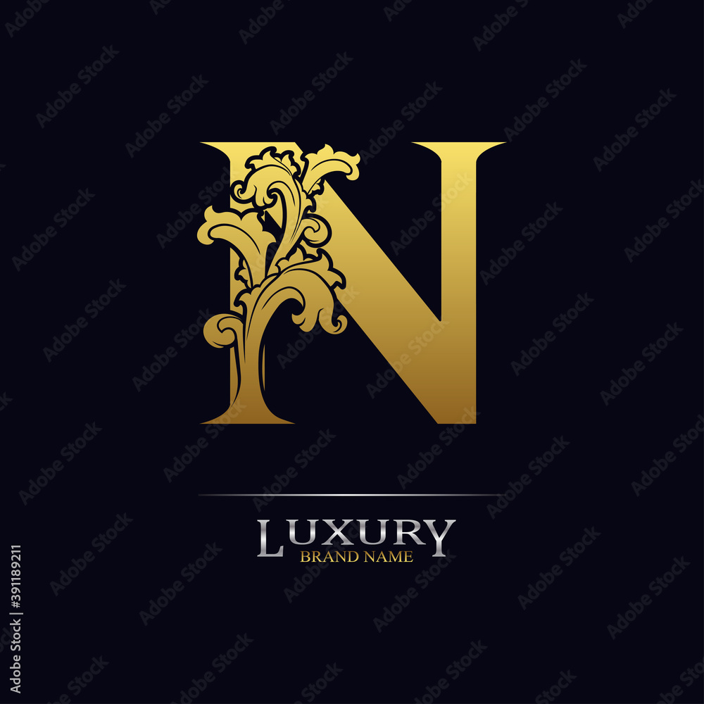 Golden initial letter N with floral leaves. Luxury Natural Logo Icon. Elegant botanic design. Modern alphabet with branch ornament for monogram, emblem, initial, label, brand, business, greeting card Golden initial letter N with floral leaves. Luxury Natural Logo Icon. Elegant botanic design. Modern alphabet with branch ornament for monogram, emblem, initial, label, brand, business, greeting card