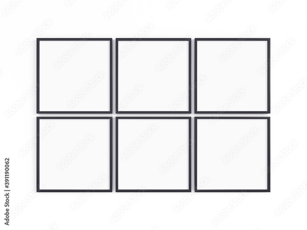 Six thin square black frames on a light wall Six thin square black frames on a light wall