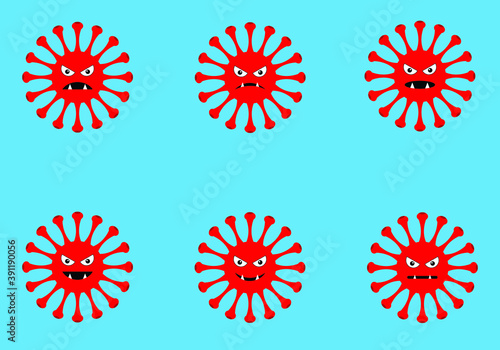 Red coronavirus vector cartoon set with different emotions isolated on blue background.