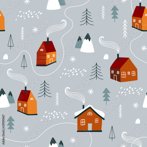 Winter pattern with christmas tree and house. Vector