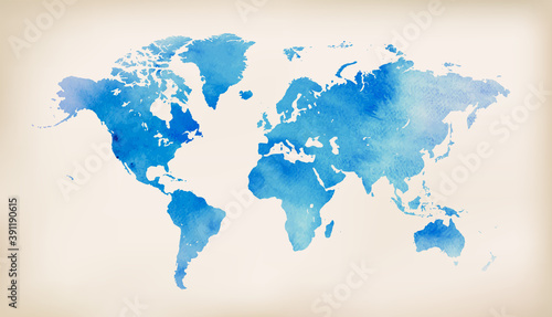 Blue world map on vintage paper background. watercolor style
