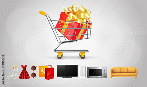 Shopping cart with gift. Realistic still pushcart. Shopping banner kit with present and appliances. Full basket with TV, smartphone, microwave, dress, glasses. Vector illustration mockup.