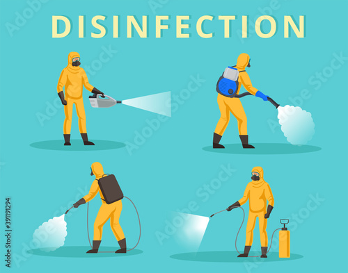 Disinfection workers. People in protective suits use fog sprays for decontamination.