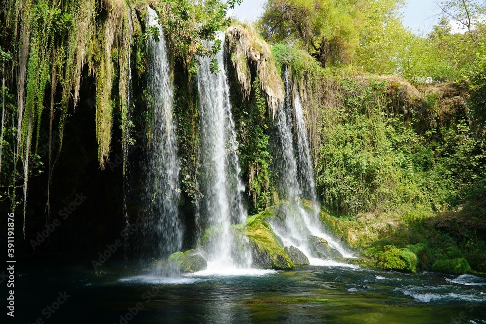 View of flowing Upper Duden Waterfalls in Antalya, Turkey.