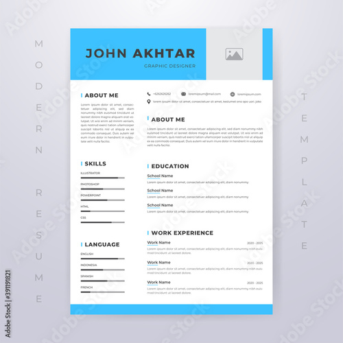 Blue Editable Modern Resume CV Template. Minimalist Style. Vector Premium