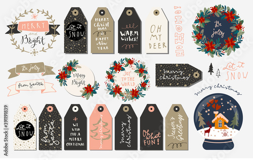 Set of Merry Christmas and New Year hand drawn greeting cards