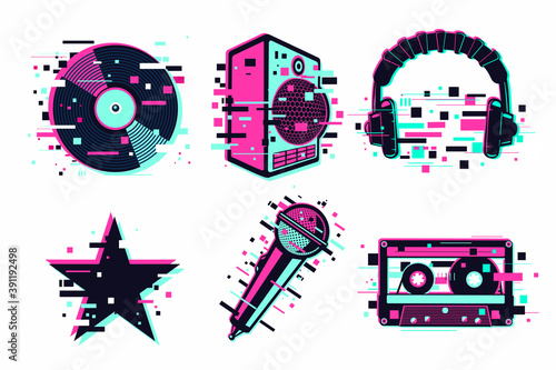 Music vector icon set. Glitch audio sign collection. Sound equipment. Design elements isolated on white.