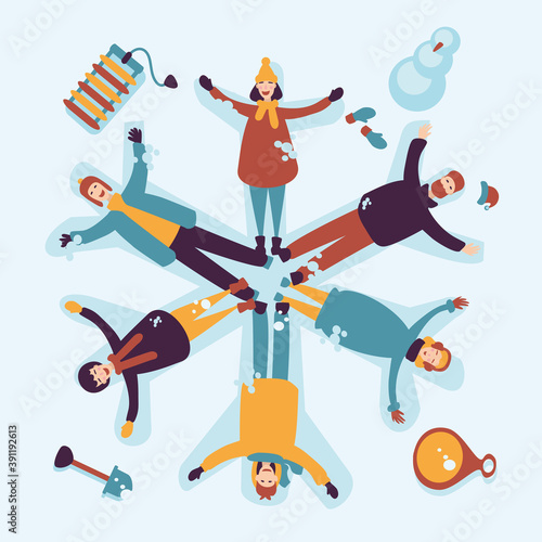 People lie in the snow in the shape of snowflake. Christmas vacation illustration. Flat style. New year team party.