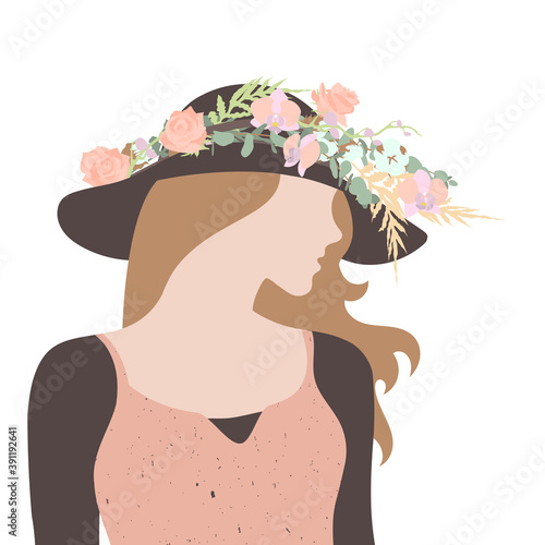 Portrait of elegant hand drawn girl silhuette with floral decorated pastel boho hat.