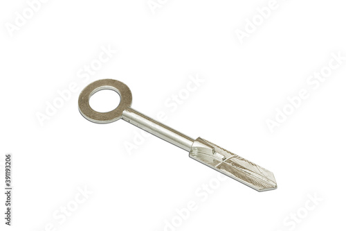 Silver colored metal key isolated on white background