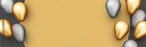 Silver and golden foil balloons with threads on yellow round background.