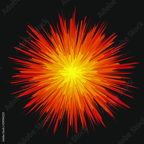 Sunburst explosion vector graphic. Detonation icon. Cartoon style firework flash logo. Abstract spark beam symbol. Explosive bomb blast flare sign. Isolated on black background.