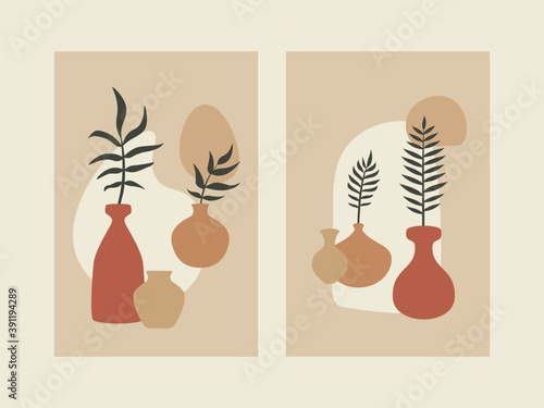 Abstract plant poster set. Scandinavian boho art print wall decor contemporary style, mid century bohemian cards. Vector illustration