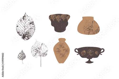 Elegant hand drawn brown boho textured pottery with leaf stamps clipart set. Isolated on white background.