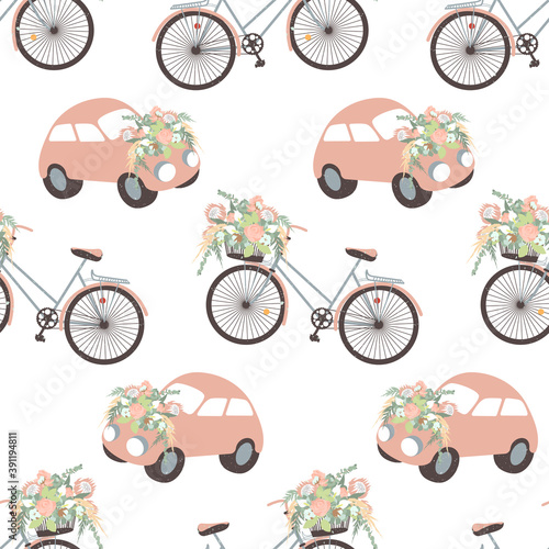 Seamless pattern with decorated wedding car and bicycle. On white background