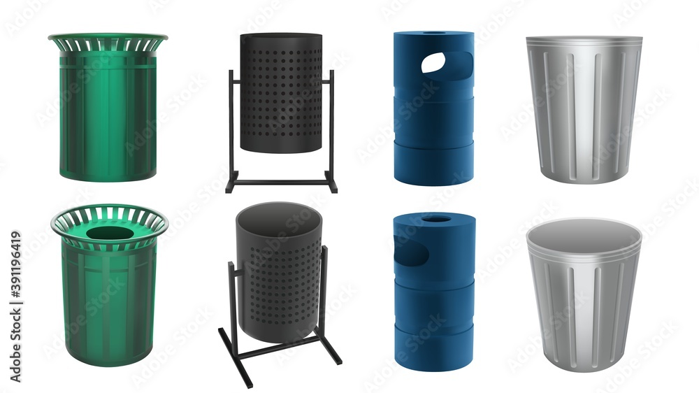 Trash bin for city streets and parks. Metal cans for garbage and waste.  Vector set in 3d realistic style. Trash bin isolated on white background.  Urban design for public sidewalks Stock Vector