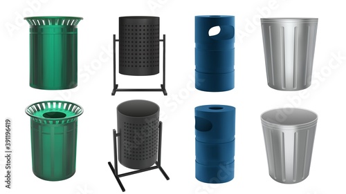 Trash bin for city streets and parks. Metal cans for garbage and waste. Vector set in 3d realistic style. Trash bin isolated on white background. Urban design for public sidewalks