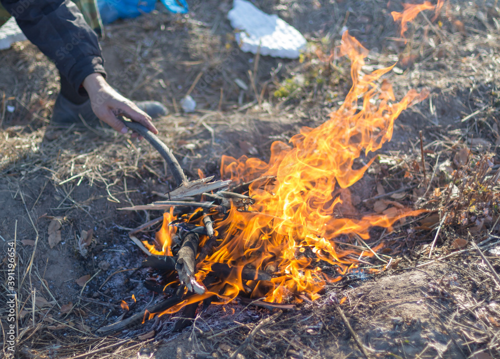 cooking on an open fire. Frying food over a bonfire on a wooden branch - pricking spears in nature. Close-up of a hand. The scouts are preparing lunch. cooking on an open fire. Frying food over a bonfire on a wooden branch - pricking spears in nature. Close-up of a hand. The scouts are preparing lunch.