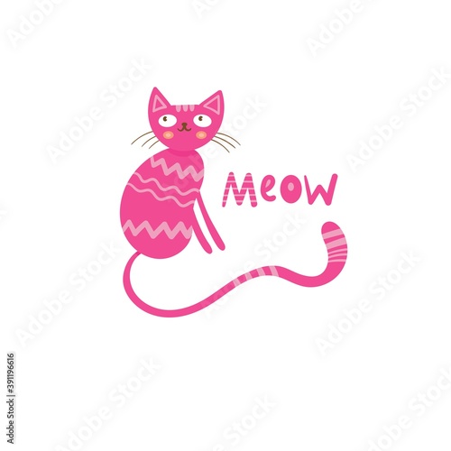 Poster with cute cartoon cat. Vector card with funny kitten. Colorful flat print.